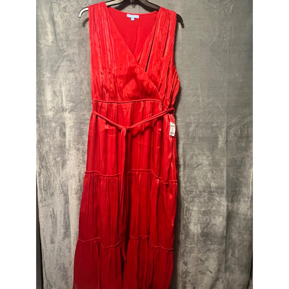 Draper James XXL Red Maxi Dress Pleated Tiered Wrap Belt Pockets Womens New